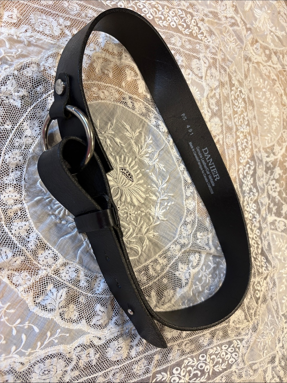 Danier Black Leather Belt with Silver Ring Buckle